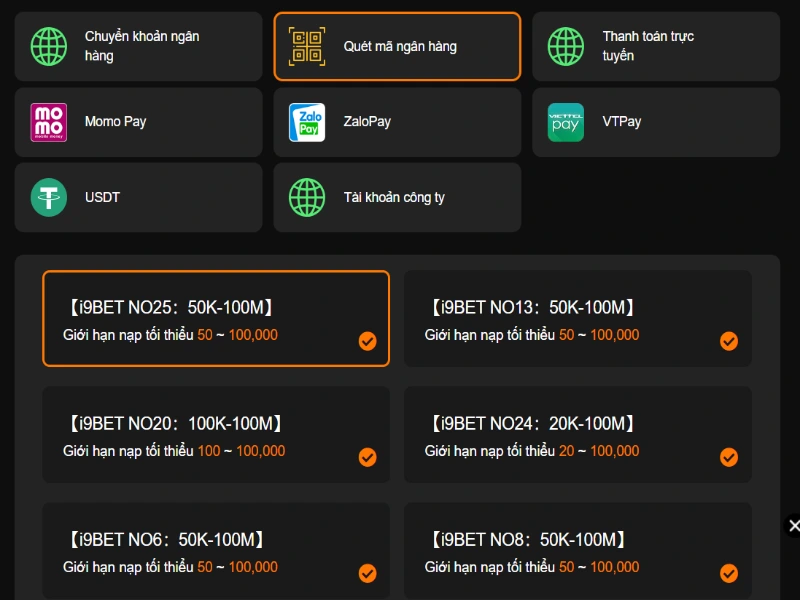 Quét mã ngân hàng để nạp tiền nhà cái i9bet nhanh chóng