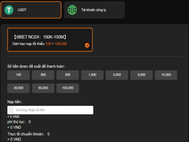 Điền thông tin nạp tiền i9bet qua USDT